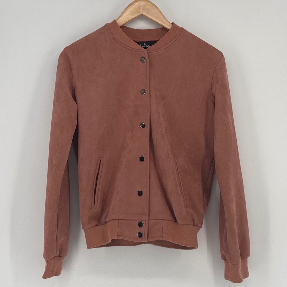 Lulus Faux Suede Women Bomber Jacket S Terracotta Rose Snap Front Ribbed Trim